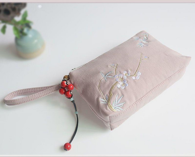 暮玲原創精品 布藝古風拉鍊刺繡手機鑰匙帆布手拿小包零錢包女