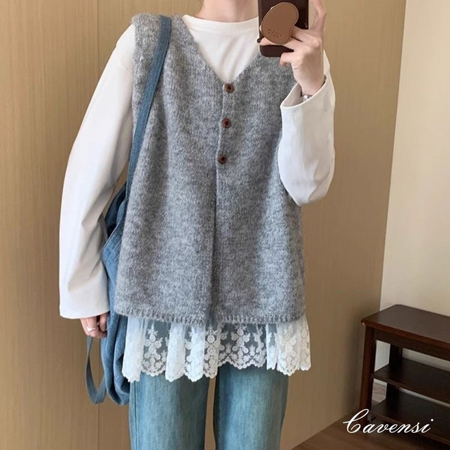 Cavensi 韓式氣質排釦針織背心 厚實軟糥法式復古毛衣外搭 加大碼 (40-75公斤適用)