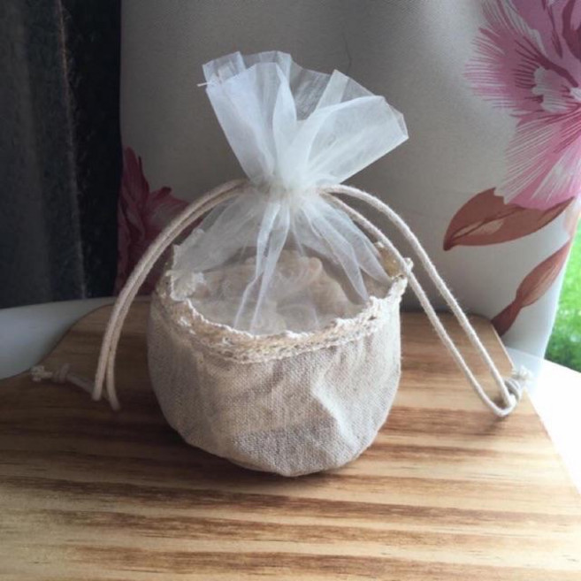 美倫美 棉麻束口袋 禮品袋, 1個, 圓底歐根紗