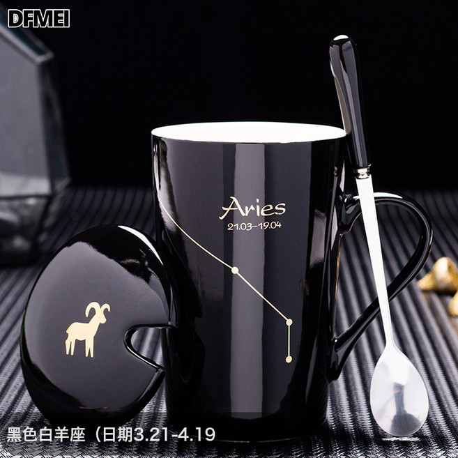 DFMEI 十二星座陶瓷馬克杯帶蓋勺茶杯情侶水杯可杯子伴手禮, 1個, 黑色白羊(帶蓋勺):401-500ml