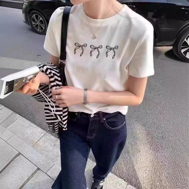 MDMS 刺繡蝴蝶結上衣 短袖T恤 正肩上衣 韓國上衣 女裝上衣