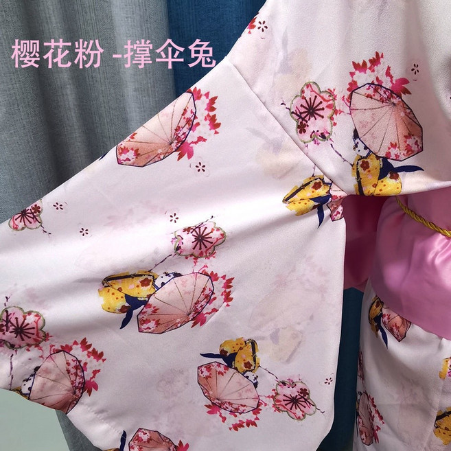 日系改良和服女裝 夏日款 復古中長款 綁帶連衣裙, 櫻花粉撐傘兔 +胭脂粉三件套,S 身高155-160,體重大於80斤