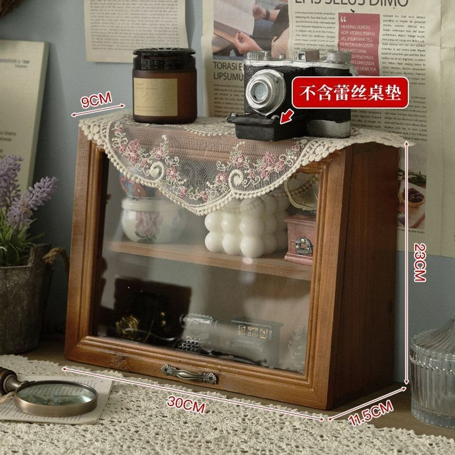 木質復古桌面展示櫃 收納盒, 翻蓋小號復古色柜子 亞克力