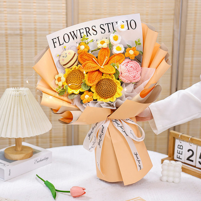 手工毛線花束 橘色系 含禮袋, 小蜜蜂針織大花束 - 桔色 袋子加燈, 1個
