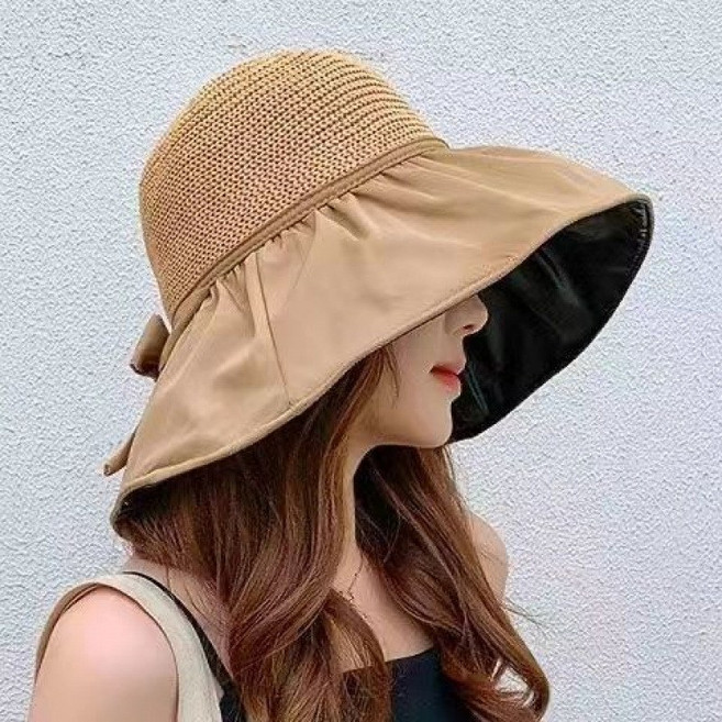夏季防曬黑膠蝴蝶結遮陽帽女日韓帽子防紫外線大檐遮臉太陽空頂帽
