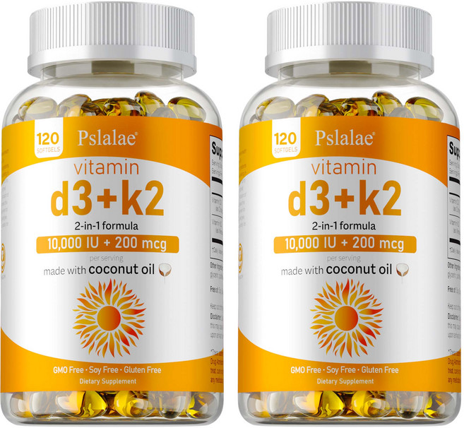 Pslalae 維他命 D3+K2 10 000 IU + 200 mcg 2合1配方GMO Free Soy Free Gluten Free, 240組