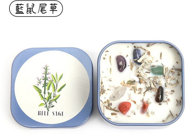 念念不忘 藍鼠尾草能量淨化蠟燭 水晶消磁空間淨化香氛 冥想聖品 (方罐), 1個, 能量淨化蠟燭-藍鼠尾草(方罐)