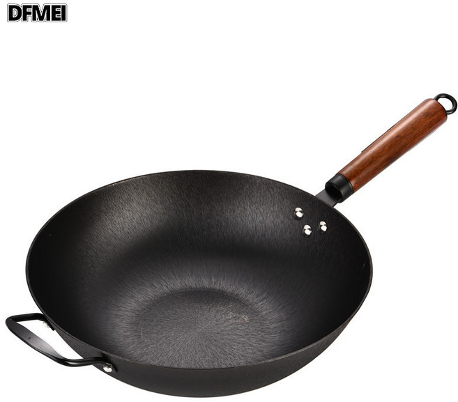 DFMEI 生鐵鍋物理不粘炒菜鍋無塗層炒鍋鑄鐵鍋老鐵鍋, 1個, 32CM無耳平底, 如圖