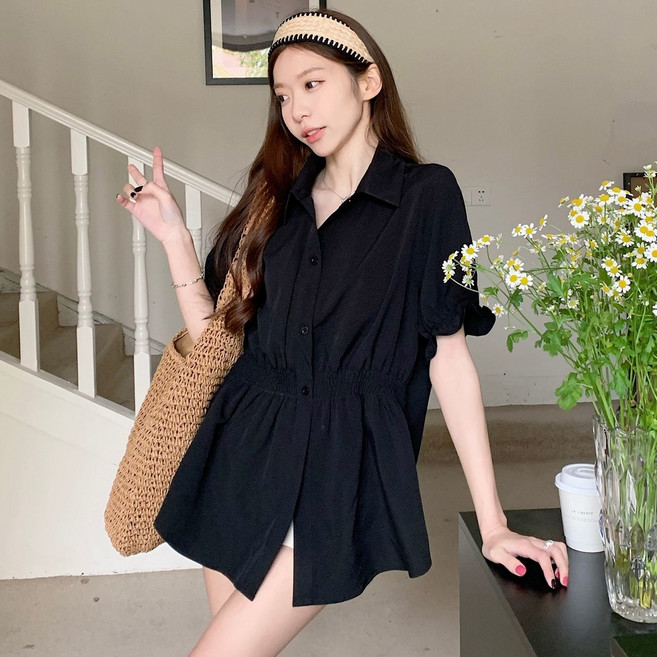 大碼襯衫收腰長版上衣女短袖夏季顯瘦