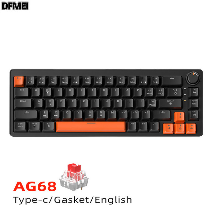 DFMEI AG68機械鍵盤Gasket結構熱插拔紅軸遊戲電競小鍵盤, 人體工學, 如圖, 68鍵/黑色【有線】混光-紅軸