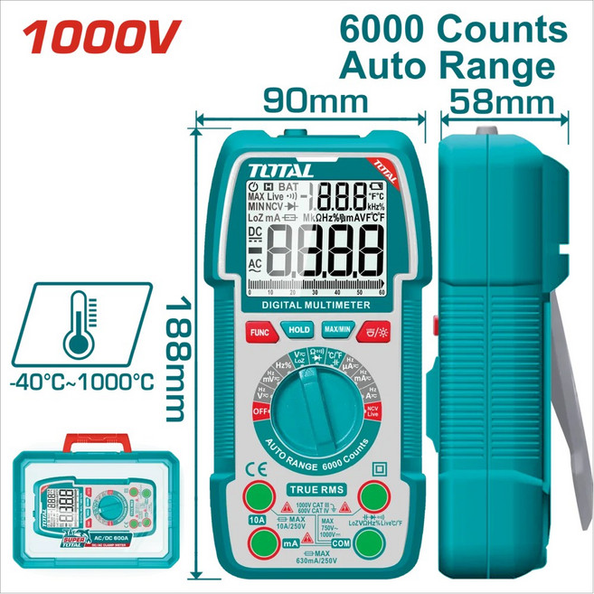 TOTAL 數位顯示 自動量程萬用電錶 1000V 6000 Counts, 1個