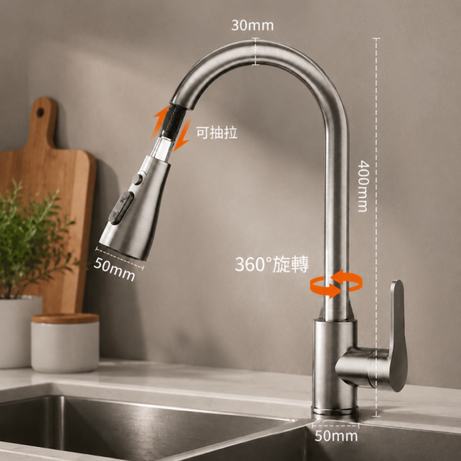 廚房水龍頭 抽拉式冷熱出水 防濺水龍頭 不鏽鋼水龍頭 伸縮水龍頭 360度旋轉 三檔出水 分離式設計 臉盆水龍頭 適用流理臺, 1個, 槍灰色