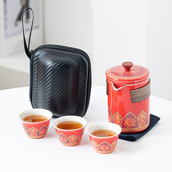 古韻臻藏行動式旅行茶具一壺四杯套組, 紅 古韻一壺三杯 小黑包, 1套, 杯具