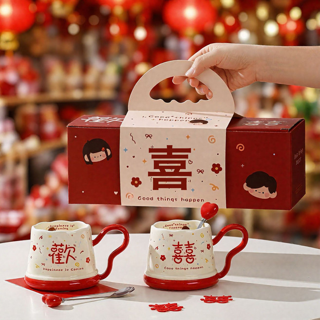 DIU 可愛情侶陶瓷對杯結婚禮物馬克杯套裝新婚伴手禮杯子送閨蜜禮品杯, 1個, 歡喜情侶對杯(杯+勺+專屬禮盒):390ml