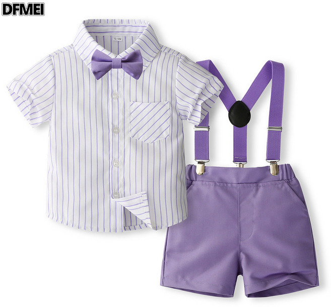 夏季新品男童套裝英倫風條紋襯衫紳士禮服三件套