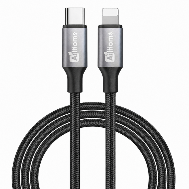 AiHome 27W PD Type-C to Lightning 鋁合金編織充電線 適用於iPhone 14以下, 黑灰色, 1個, 200cm