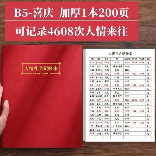 人情禮金記賬本 加厚200頁, 1個, 喜慶紅200頁本,活動特價體驗剩00:01:03