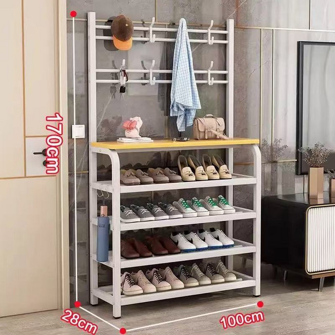 DIU 鞋架多層家用落地一體式衣帽一體架鞋屋門玄關簡易鞋服多功能架, 1層, 【奶油白架】100CM-原木層板:如圖