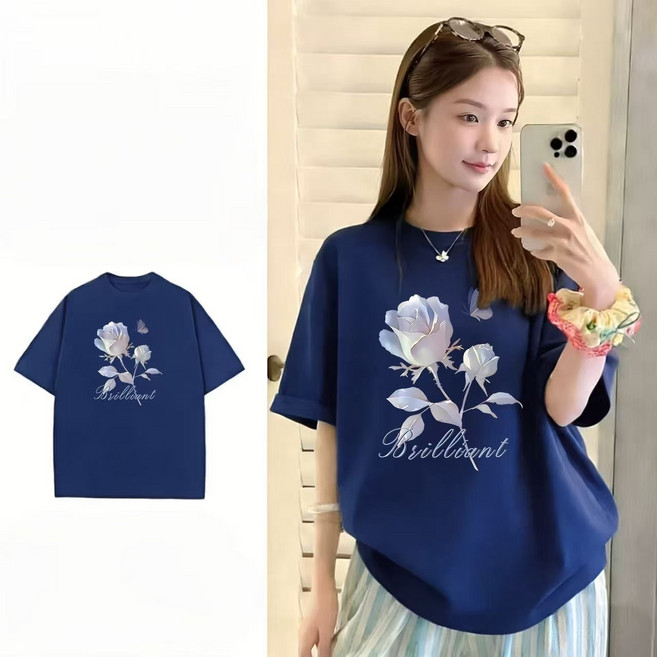 Cansee 韓系純棉流光花朵印花短袖T恤女 CK148