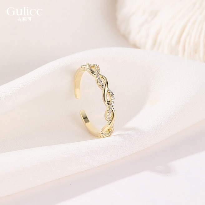 Gulicc 扭紋鋯石開口戒指 女 鍍金 可調節尺寸 時尚簡約