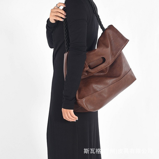 Gesen 軟皮大容量單肩寬斜挎包時尚百搭託特郵差包, 咖啡色