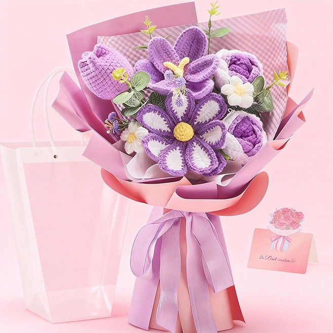 手工毛線花束 適合生日婚禮紀念日, 紫色系 不含禮袋 賀卡, 1個