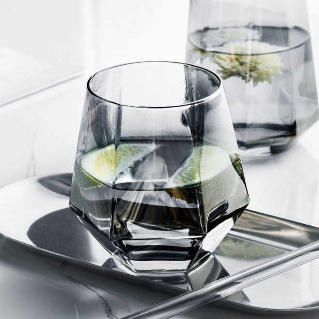 日日好事 GOODDAY 六角玻璃杯 北歐威士忌杯 水晶鑽石杯 300ml 灰色, 1個, 六菱杯-灰色(300ml,獨立紙盒包裝)