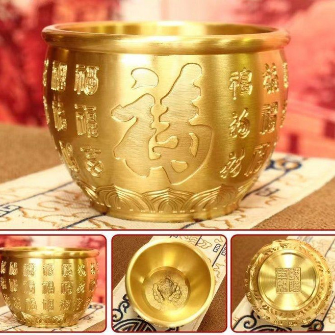 黃銅百福缸 聚財聚寶盆 招財進寶 家庭擺件 工藝品, 百福缸招財進寳