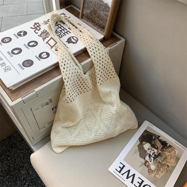 簡約鏤空針織毛線托特包 文藝編織單肩手提布袋