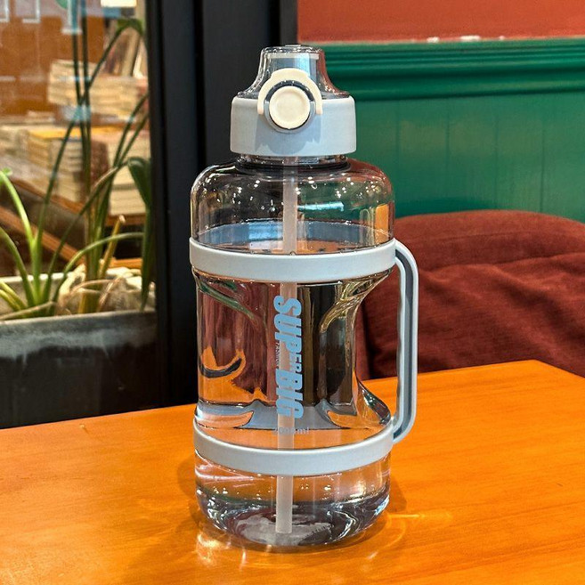 大容量運動水壺 雙飲吸管杯, 藍色 大噸噸 2000ml,杯子, 1個