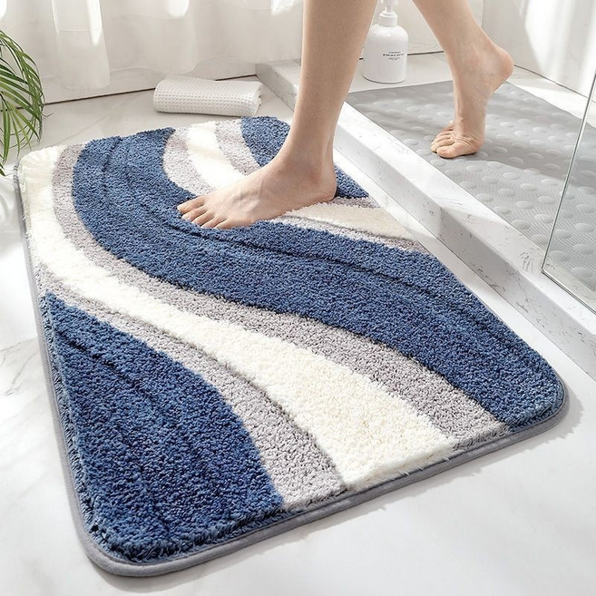 吸水防滑地墊 仿羊絨材質 臥室浴室用腳墊, 1個, 藍色波浪【40*60cm】