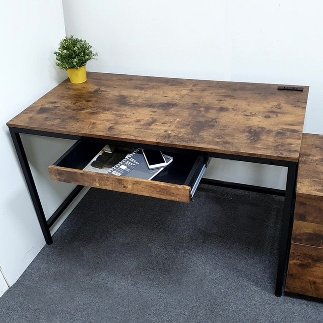 高屋 L型復古紋工作桌 120x80cm,附插座與活動櫃,工業風設計,台灣製造, L型工作桌+公文櫃, 板岩灰