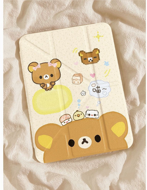 Rilakkuma 輕鬆熊 防摔平板保護殼 Y+3折旋轉支架 智能休眠 附筆槽 PU保護套, 奶黃色, 1個