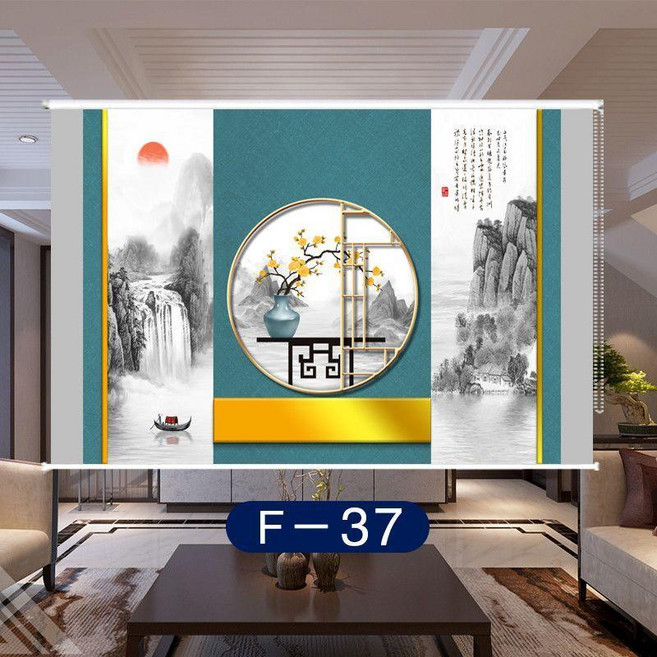 捲簾 中式遮光捲簾 中國風臥室客廳辦公室遮陽防曬卷拉式免打孔窗簾, F-37,拍前請先聯繫 覈算所需尺寸總價