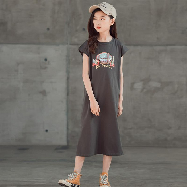 韓系美式童裝親子女童寬松休閑長裙夏季中大童短袖直筒裙子兒童韓版t恤連衣裙 女童洋裝 兒童裙子