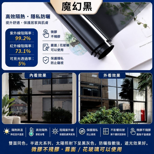 防曬隔熱膜 窗戶玻璃貼膜紙 送刮刀 冬天保溫, 魔幻黑-微膠-雙向透視-半透光,50* 100 公分, 魔幻黑