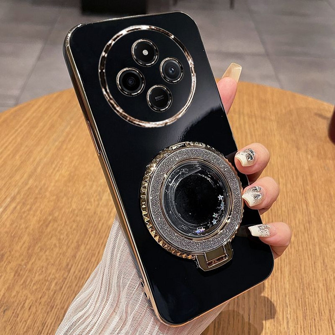 Realme 14 Pro+ 直邊電鍍--黑色+閃粉流沙支架