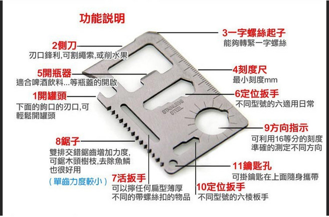 多功能軍刀卡 萬用工具卡 附皮套 露營登山旅遊必備, 1個, (WH3)雙齒軍刀卡