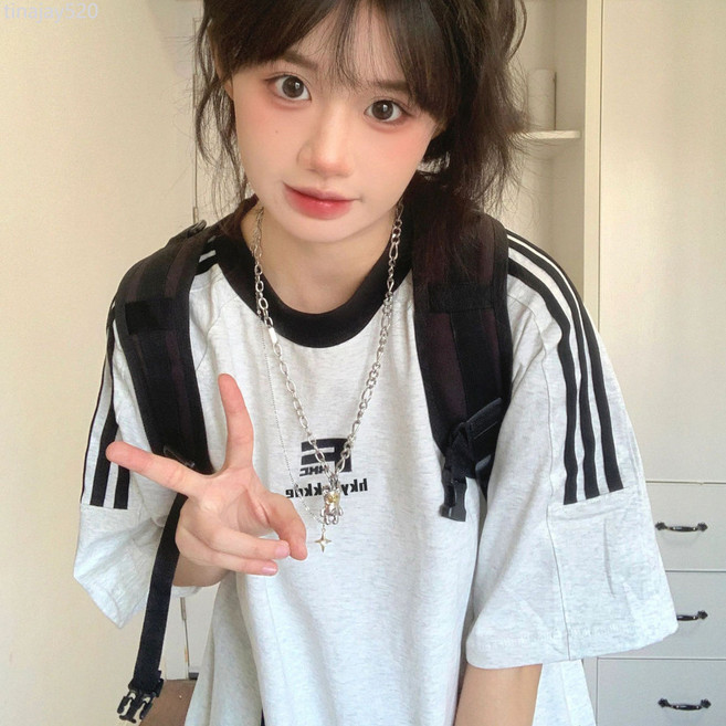 Adidas 愛迪達 夏季寬鬆純棉短袖T恤 顯瘦百搭設計感上衣 米灰色 M 碼