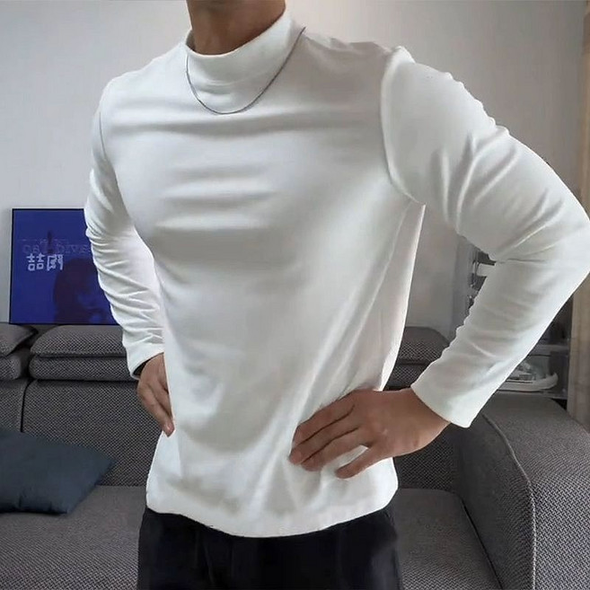 黑色半高領德絨保暖打底衫 男士秋冬季中領修身長袖T恤 素色內搭衛生衣