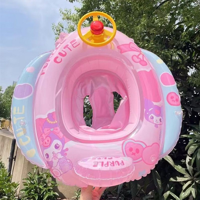 兒童汽車造型游泳圈 嬰幼兒加厚坐圈 附方向盤設計, cute庫洛米粉色, 1個