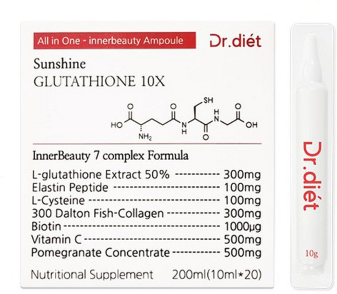 Dr.Diet 陽光穀胱甘肽10X全效合一內在美安瓶 L-半胱胺酸 膠原蛋白 維他命C 彈力蛋白 生物素, 陽光穀胱甘肽10X 10ml x 20入, 1個