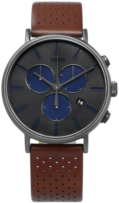 TIMEX 天美時復刻三眼 INDIGLO專利冷光照明真皮手錶 灰x咖啡 41mm