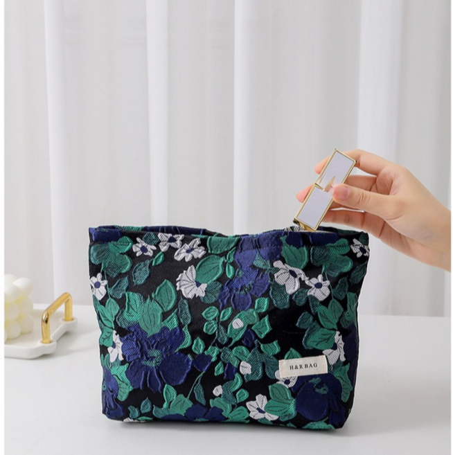 H&R BAG 棉麻刺繡化妝包 便攜收納袋, 黑底綠花大號, 1個