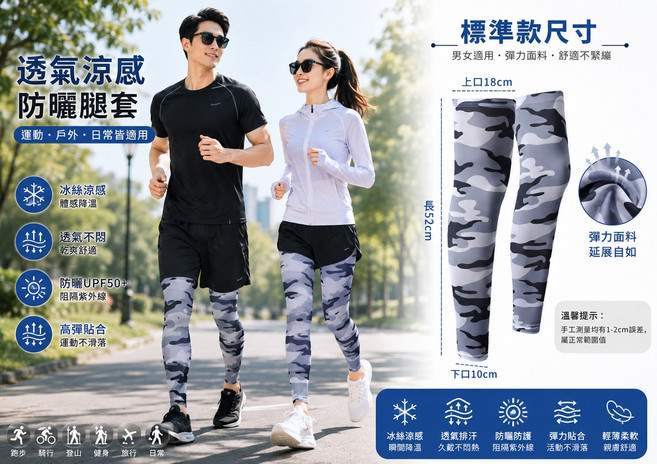 防曬運動腿套 涼感透氣 彈力貼合, 迷彩灰色, 1套