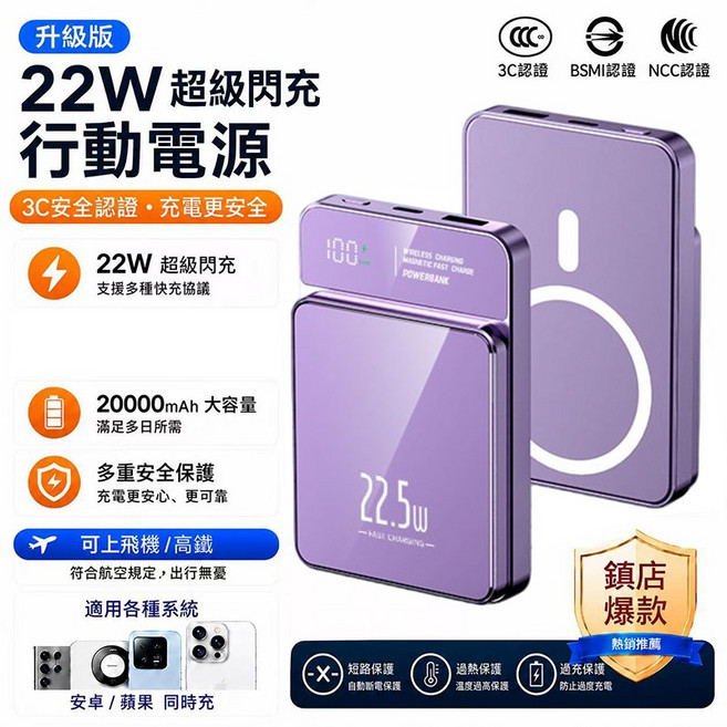 防爆電芯【3ccc認證 74wh標識 可上飛機】 20000mAh MagSafe 行動電源 無線磁吸 高清數顯 移動電源 磁吸充電 PD快充 行动充 無線行充, 藍色【22.5W有線充+15W無線充】, W019