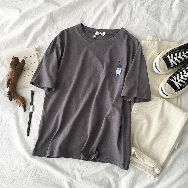 韓國刺繡圓領短袖T恤 - 寬鬆顯瘦女裝上衣 深灰