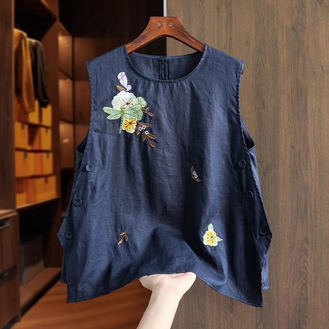 棉麻繡花無袖上衣 女士夏季紐扣設計刺繡背心