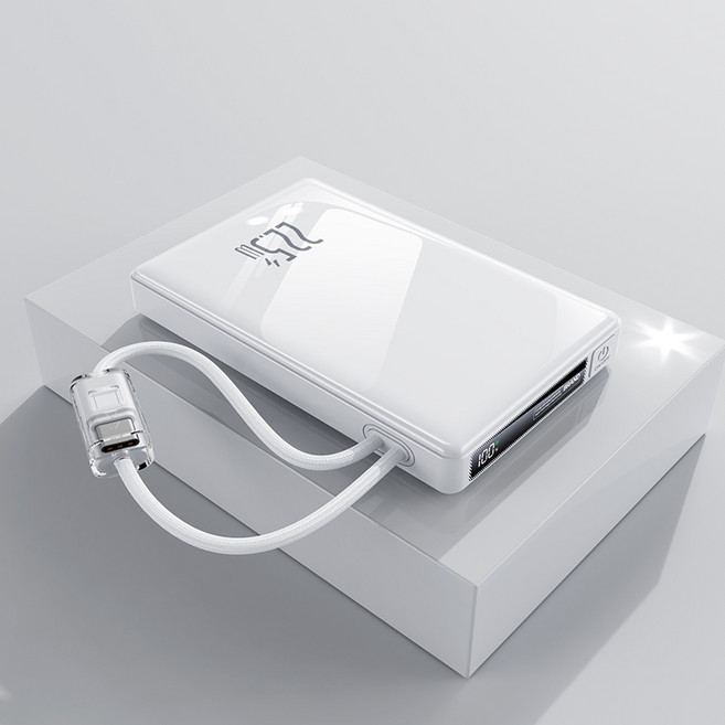 25000mAh 超薄行動電源 22.5W快充 自帶充電線 數字顯示 隨身行動充 100WH標識可隨身攜帶上飛機 有CCC認證可以帶往大陸, 輕奢白-25000mAh(鋼琴烤漆), 輕奢白, CBD1-POWER