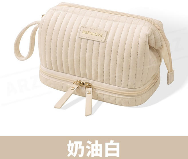 雙層輕奢絨化妝包 手提化妝包 旅行化妝包【ARZ】韓系 荷蘭絨 多夾層 化妝包 旅行包 彩妝包 大容量 質感【H360】, 奶油白, 1個